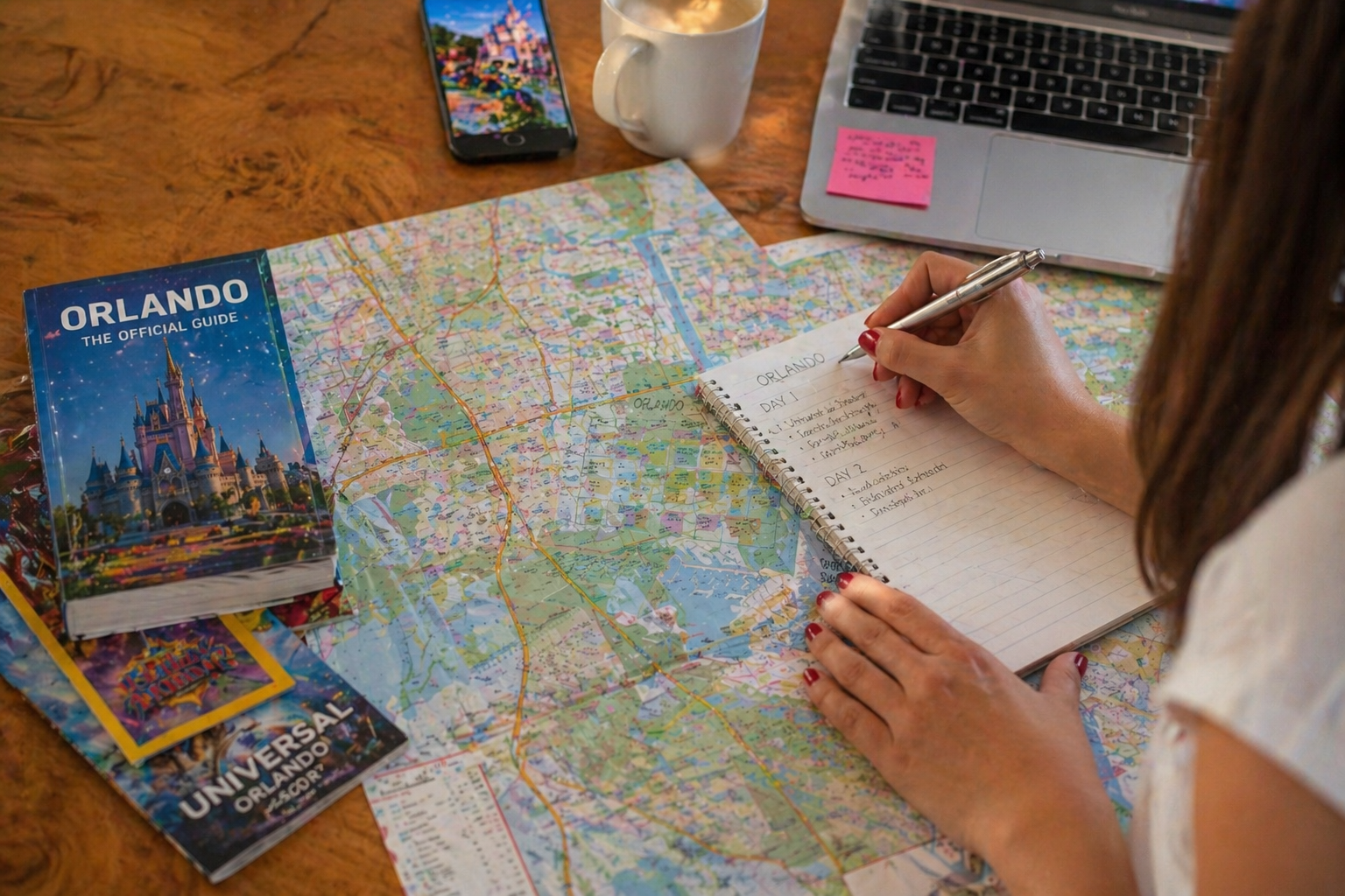 Traveler planning an Orlando itinerary with maps and theme park guides