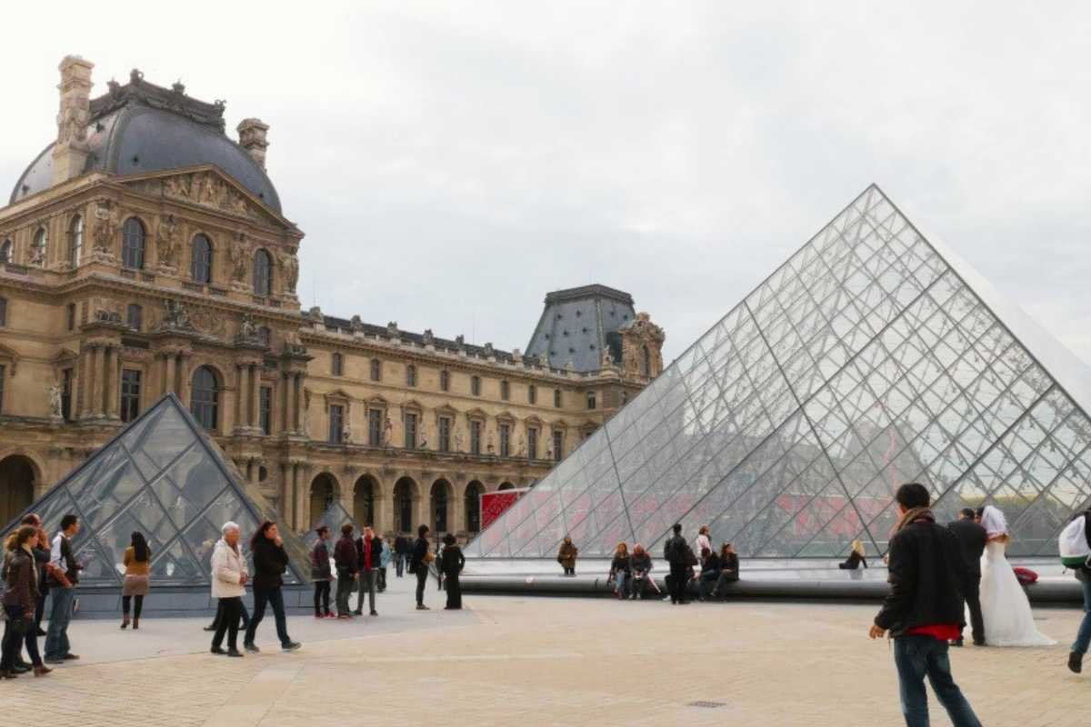 Paris 3 Day Itinerary – Louvre Museum glass pyramid with visitors