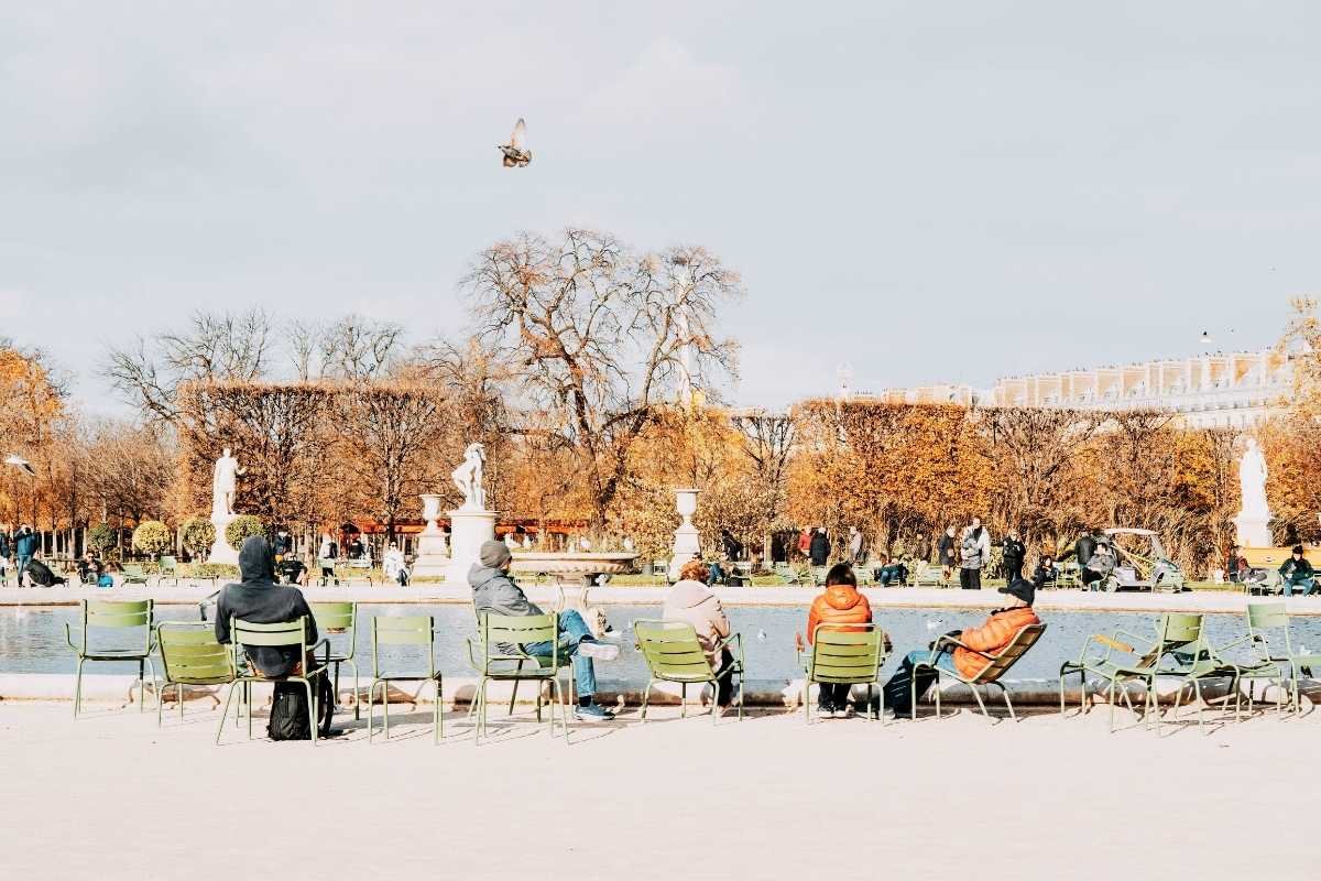 Tuileries Garden with chairs, pond and trees on a sunny day