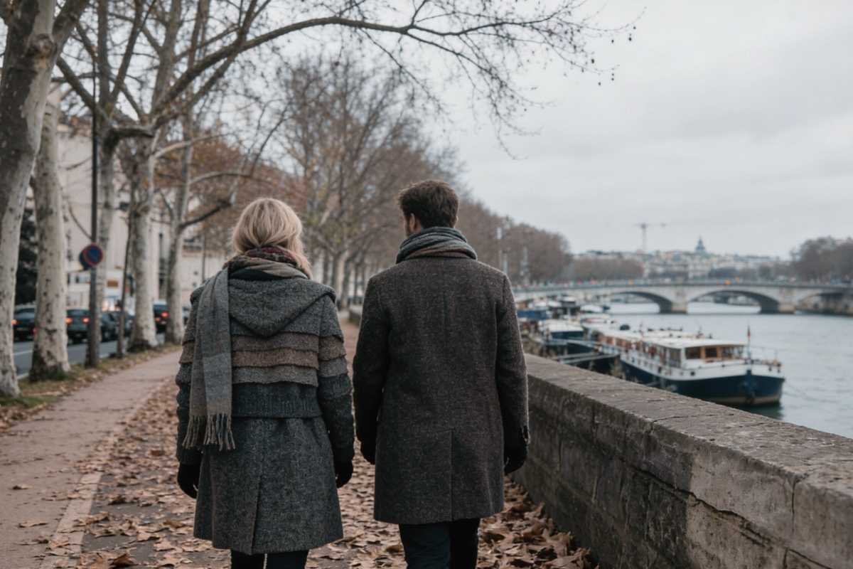 Couple in Paris in January 2026 wearing winter layers while walking near the Seine with grey sky