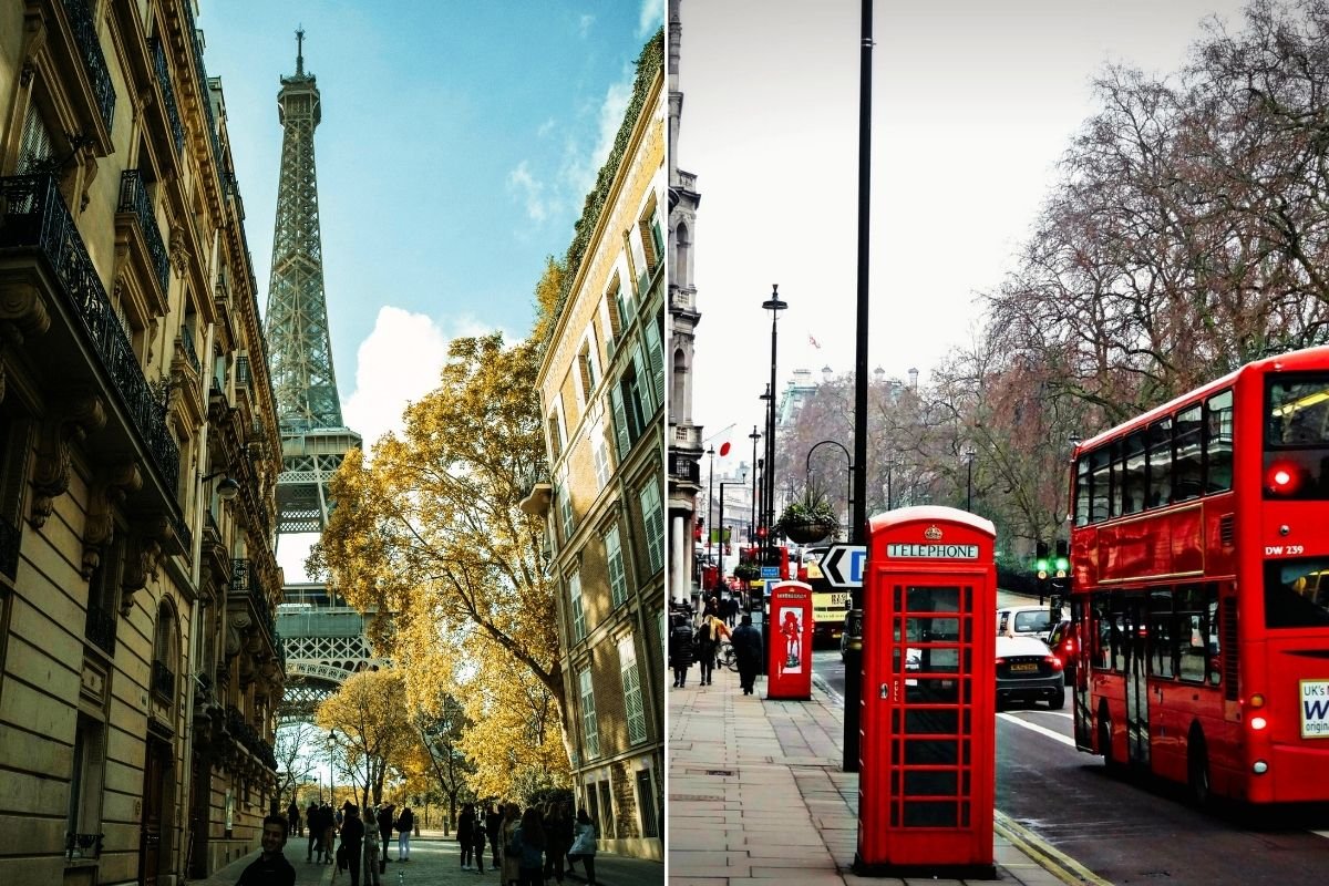 Paris vs London in winter December January: Eiffel Tower street view compared with London winter street scene, showing two different city rhythms and winter travel pace