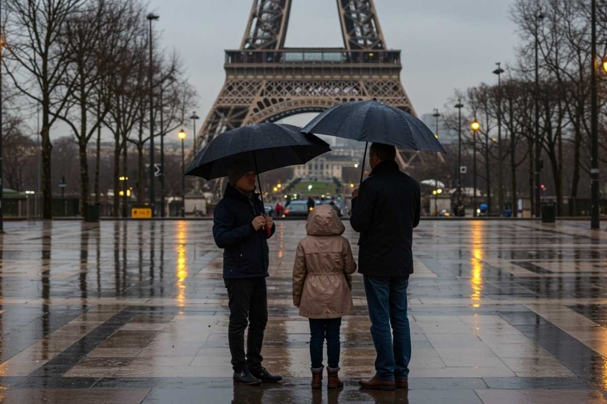 Paris family winter Eiffel Tower rain