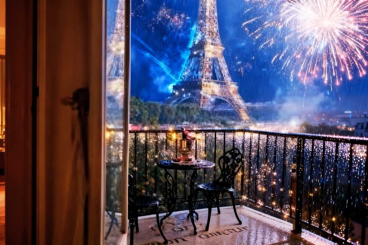 Hotel balcony view over Paris on New Year’s Eve