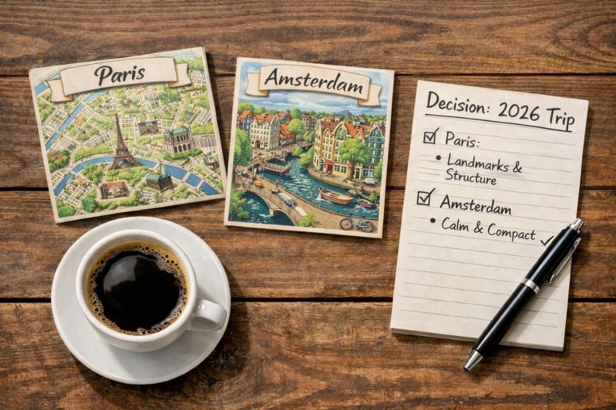 Paris vs Amsterdam 2026 decision: choosing between landmark-heavy structured Paris and calm compact Amsterdam travel rhythm