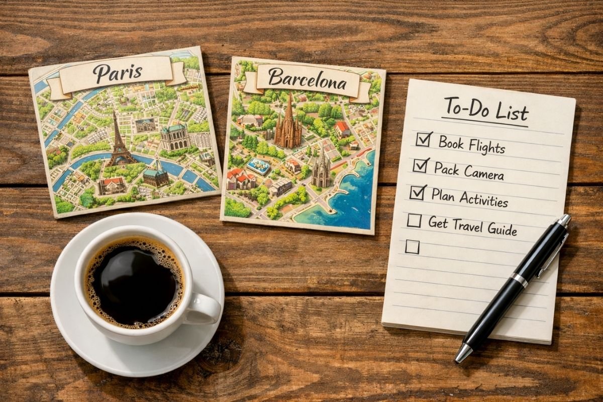 “Which city should you choose in 2026: tired traveler checking two route options on a phone and map, showing how decisions change when energy drops”