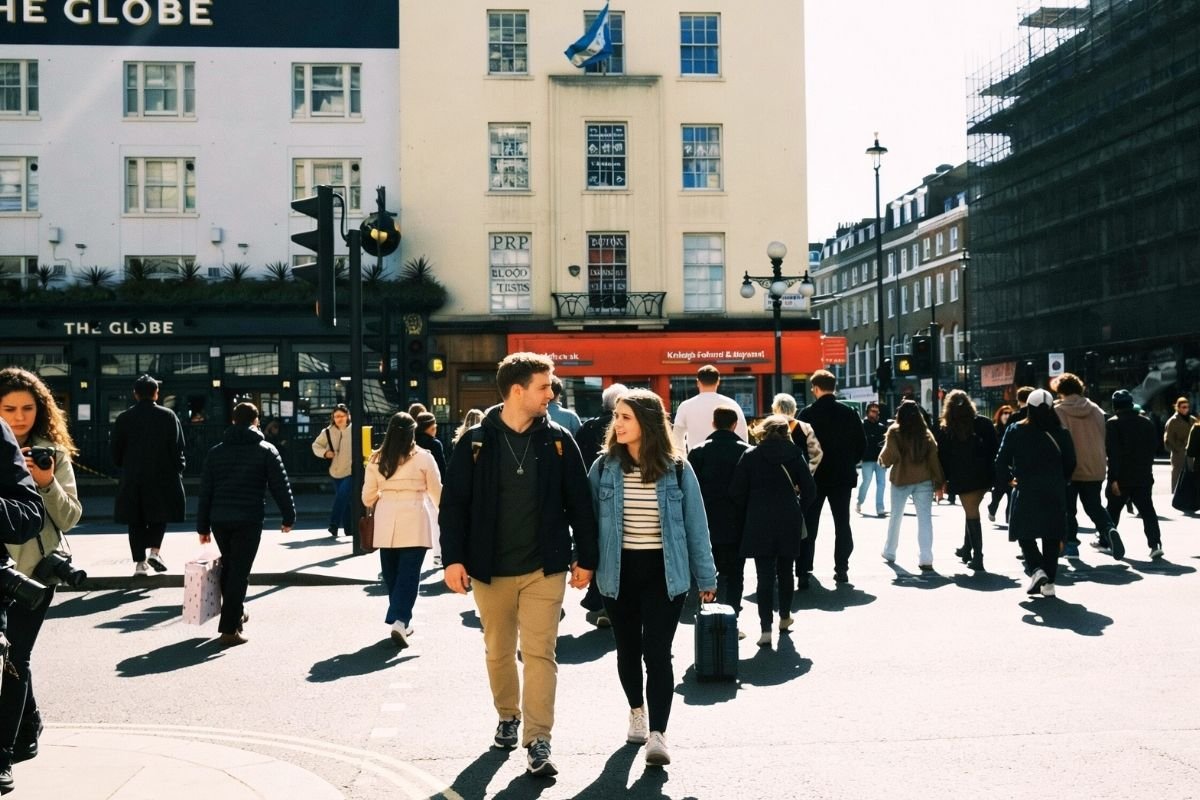 London Budget Guide 2026: a couple navigating a busy crossing in central London where small delays and late arrivals trigger repair spending
