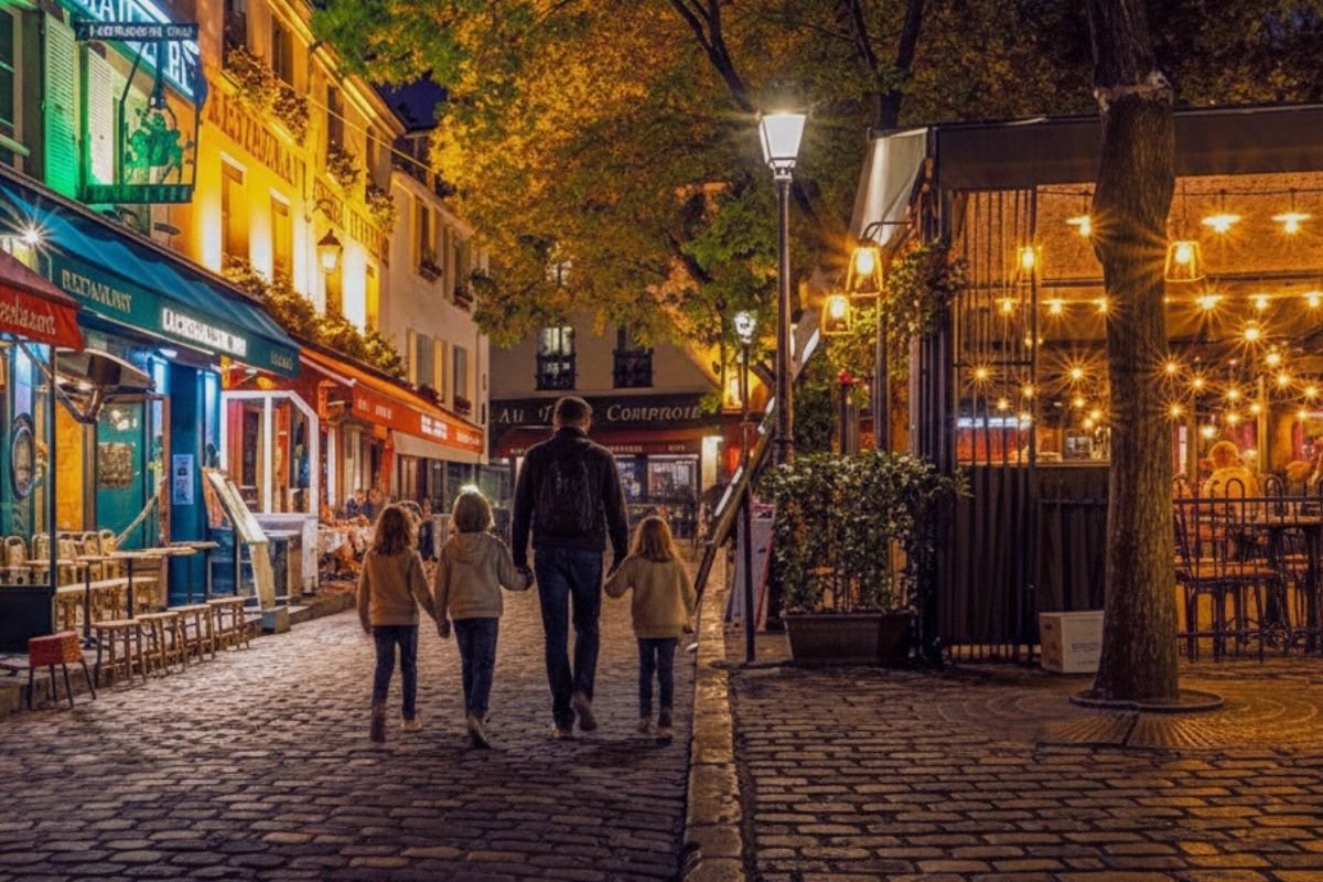 calm evening walk in a residential Paris street with parents and children, showing the importance of quiet neighborhoods at night