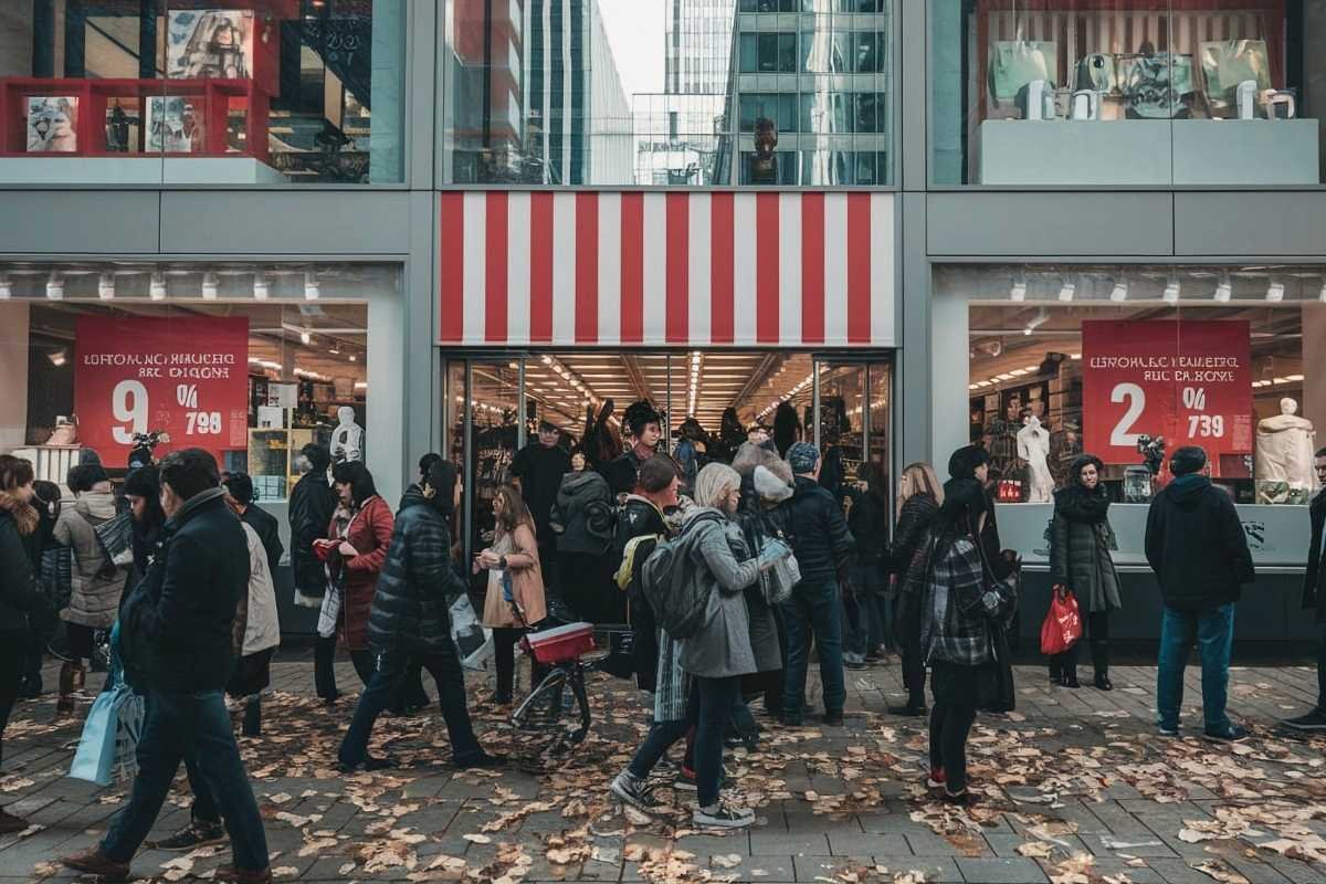 Paris events in January 2026 during winter sales: crowded shopping street with winter coats and shoppers moving between department stores
