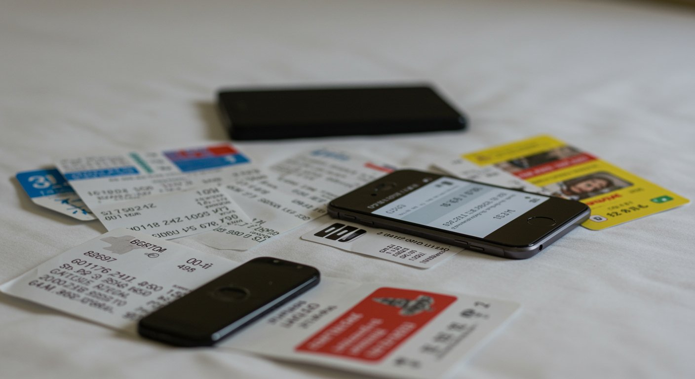Receipts, contactless payment notifications, and attraction confirmations spread on a hotel bed in London, illustrating how small daily purchases create hidden total trip costs for tourists.