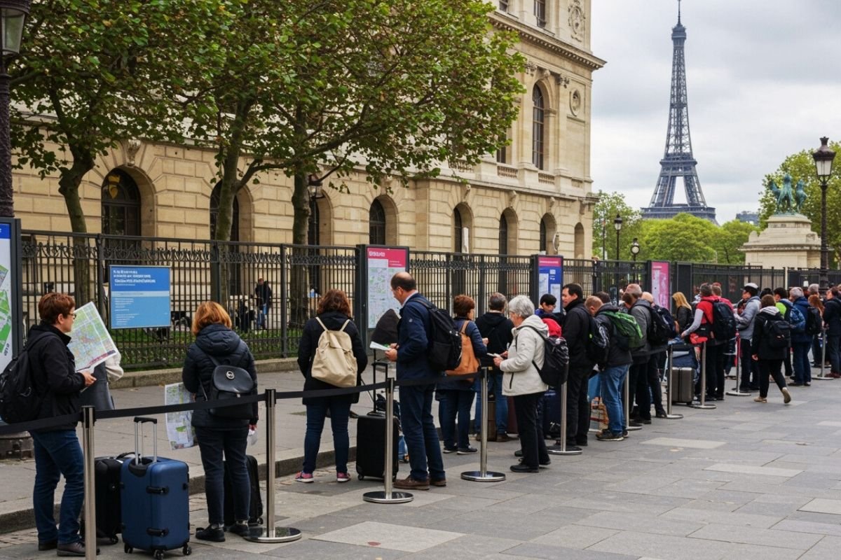Best Paris tickets to book in advance 2026: travelers checking a timed entry sign near a museum entrance, showing how booked anchors prevent day-breaking queues