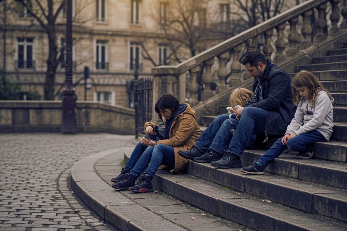 parents sitting with tired children on steps in a Paris neighborhood, illustrating why energy management matters more than sightseeing lists