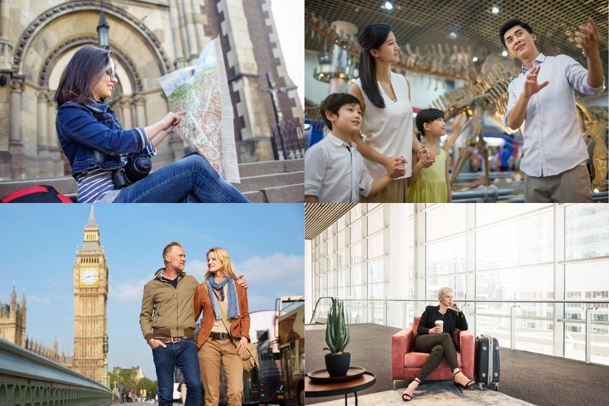 Four London travel styles in one collage: a couple walking near Westminster, a family in a museum, a backpacker checking a map, and a comfort traveler in a quiet hotel lobby, showing how London costs change by traveler type.