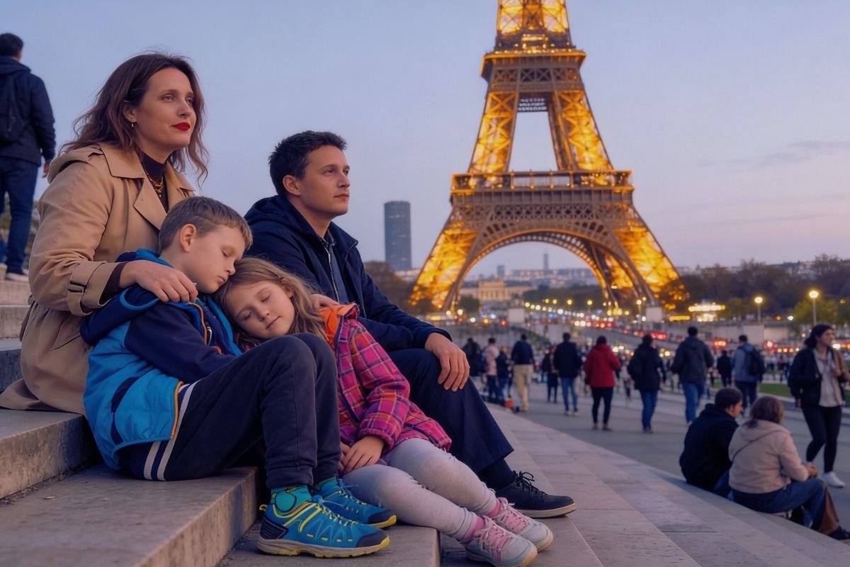 Best areas to stay in Paris for families: tired children and parents resting near a busy landmark, showing why base location and day structure matter