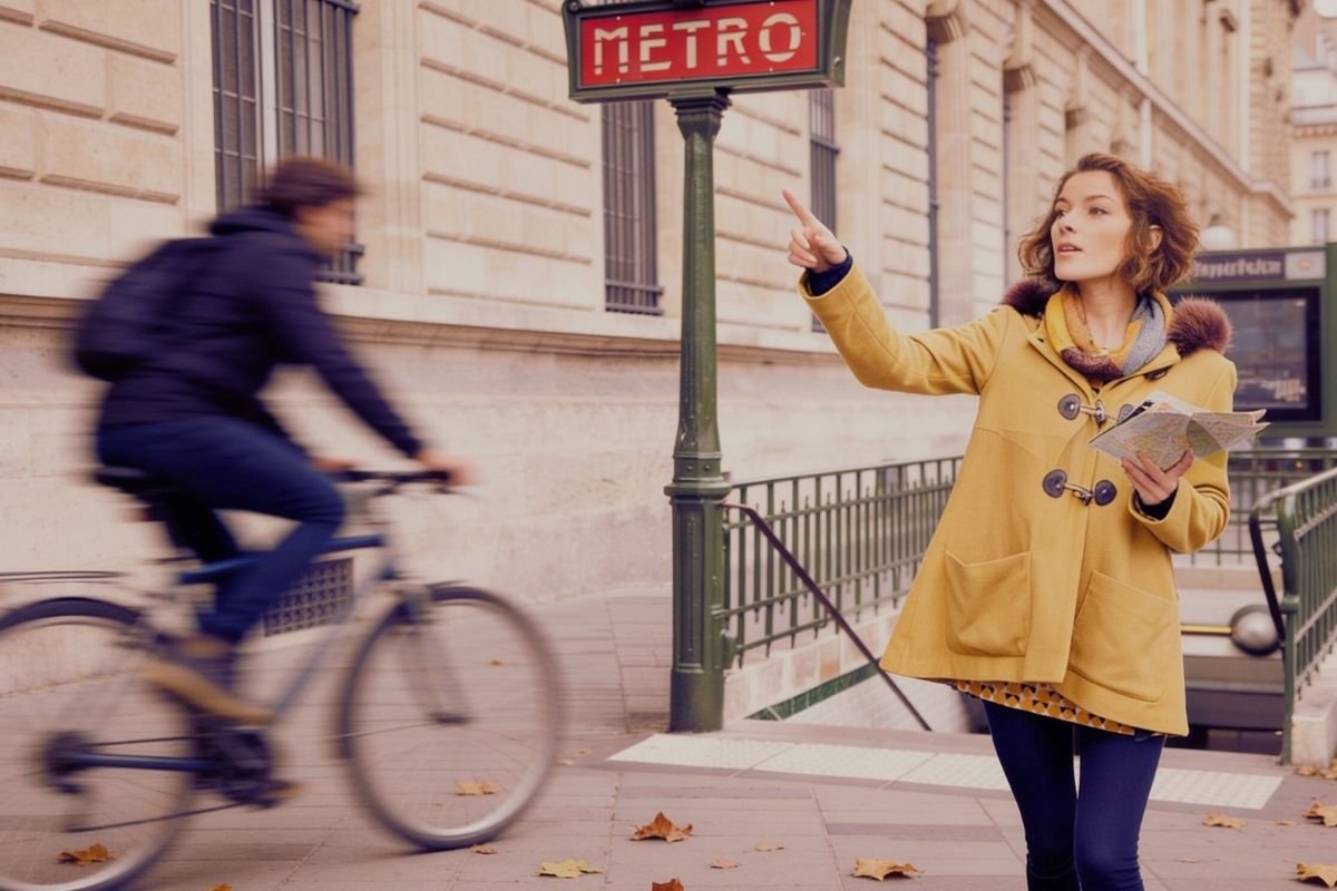 Can you visit Paris without speaking French: traveler checking directions near a Paris Metro exit, showing how hesitation and low battery create stress more than language itself