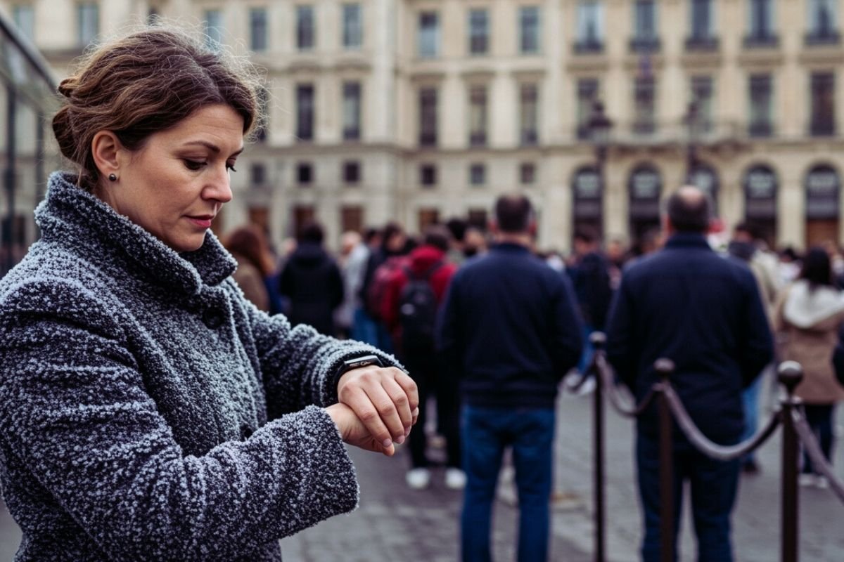 traveler looking at a crowded attraction entrance with multiple queues, illustrating how wrong timing and no buffer can waste the best hours