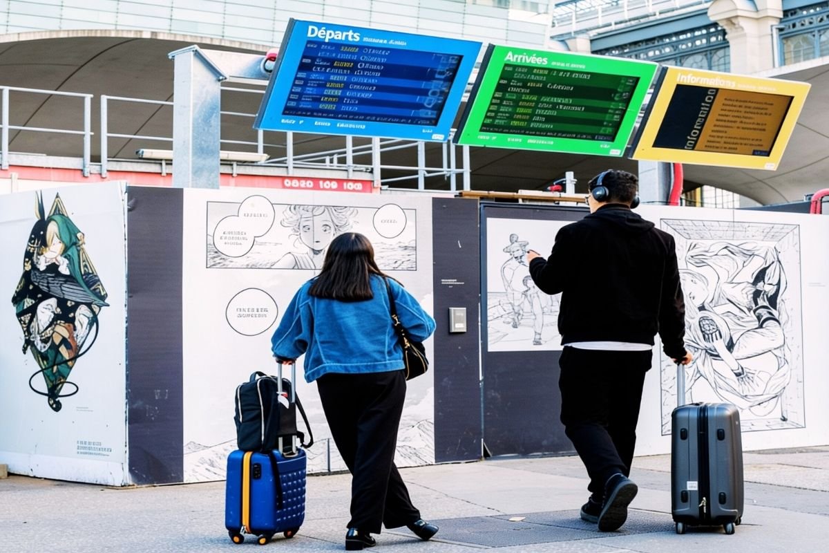 Best day trips from Paris 2026: traveler reading train signage at a Paris station, showing how clean departure timing prevents transfer-day stress