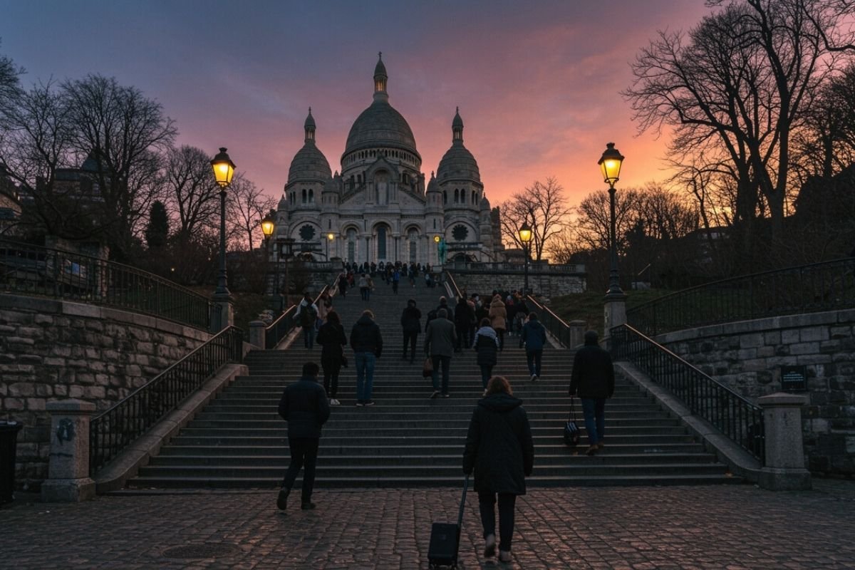 Paris events in 2026: travelers in winter coats entering a cultural venue near sunset, showing how fixed start times shape the evening