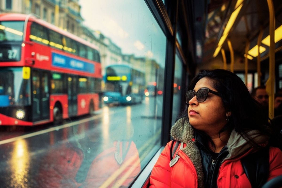 view from a London bus window used as a calm recovery mode on tired travel days
