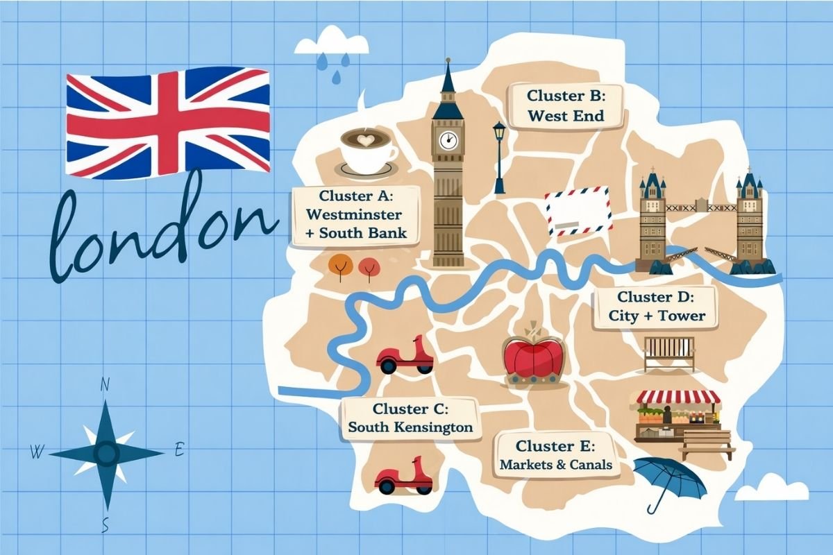 simple London cluster map diagram showing five walkable areas for first-time visitors

