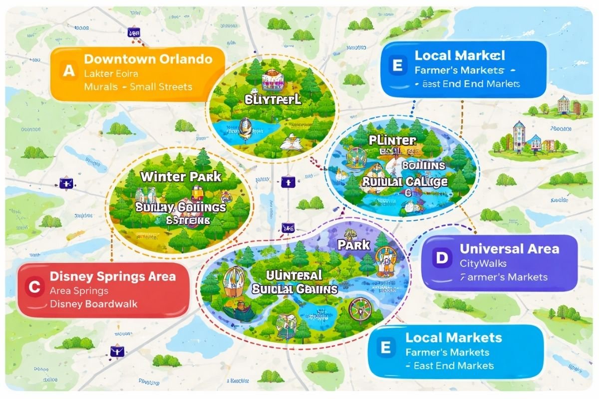 simple Orlando cluster map diagram showing five practical clusters for free things to do without wasting time driving 