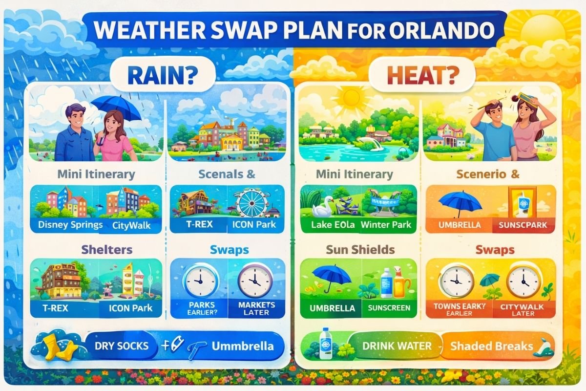 Orlando heat and rain swap plan concept showing a short loop strategy with buffer blocks 