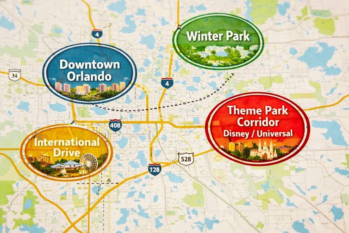Orlando cost cluster map diagram showing four main tourist zones to control daily budget and avoid hidden cost leaks