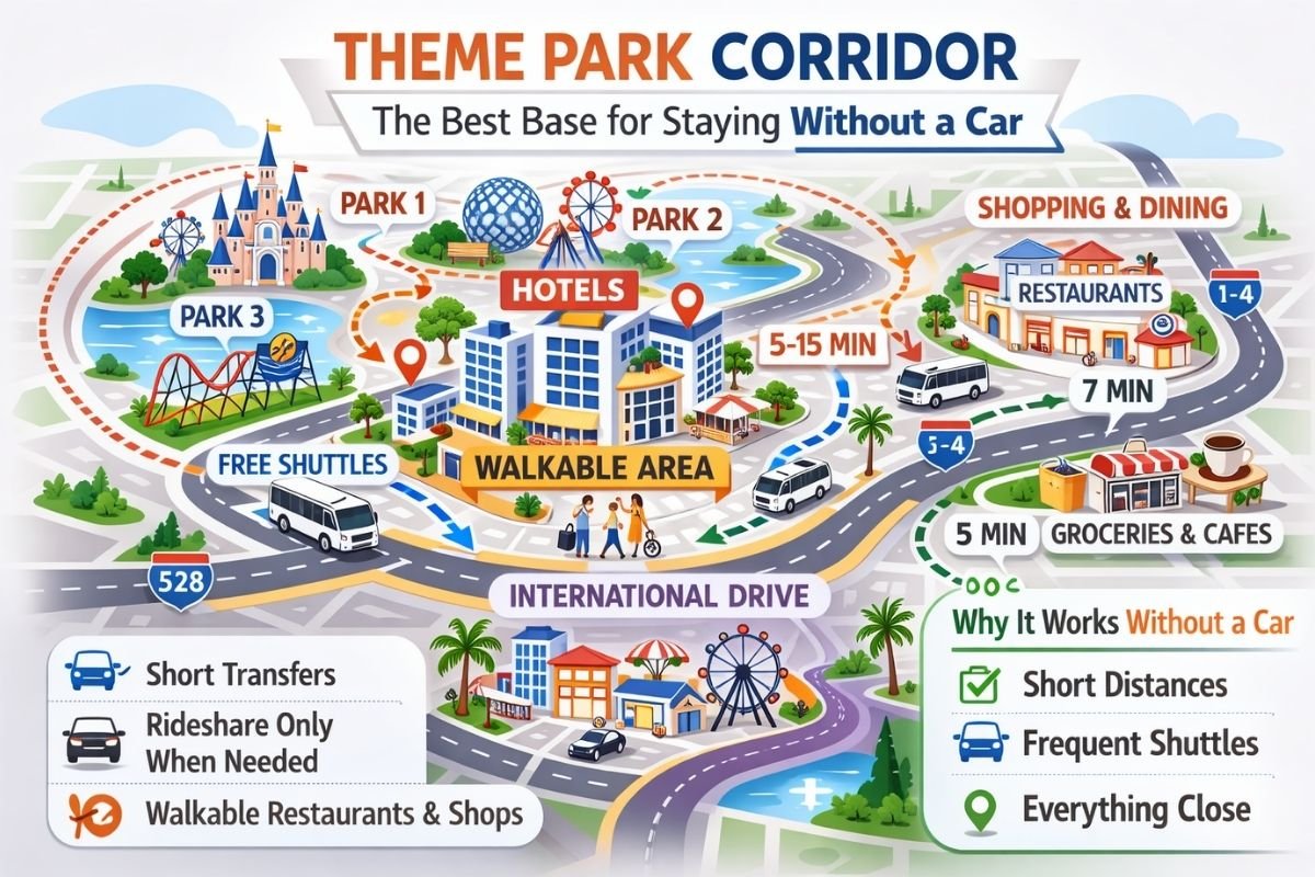 Theme Park Corridor Orlando hotel base for no-car visitors showing short controlled transfers that prevent rideshare stacking and keep expensive days stable