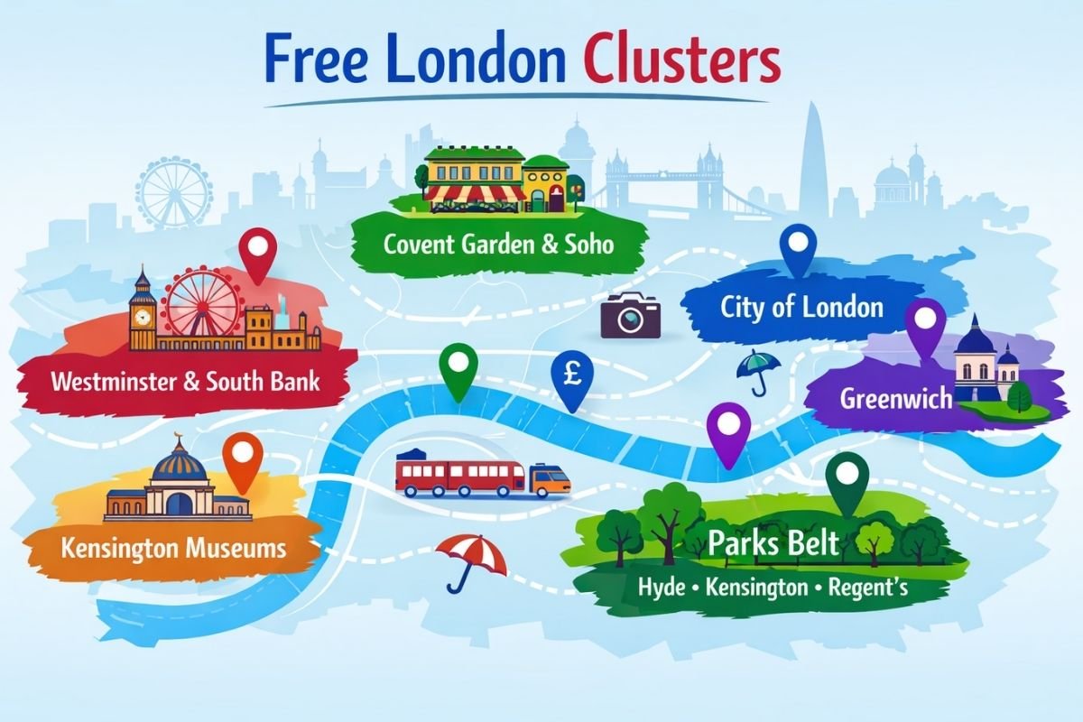 Westminster to South Bank free walking loop map in London, designed to avoid extra Tube taps and keep icons in one controlled route