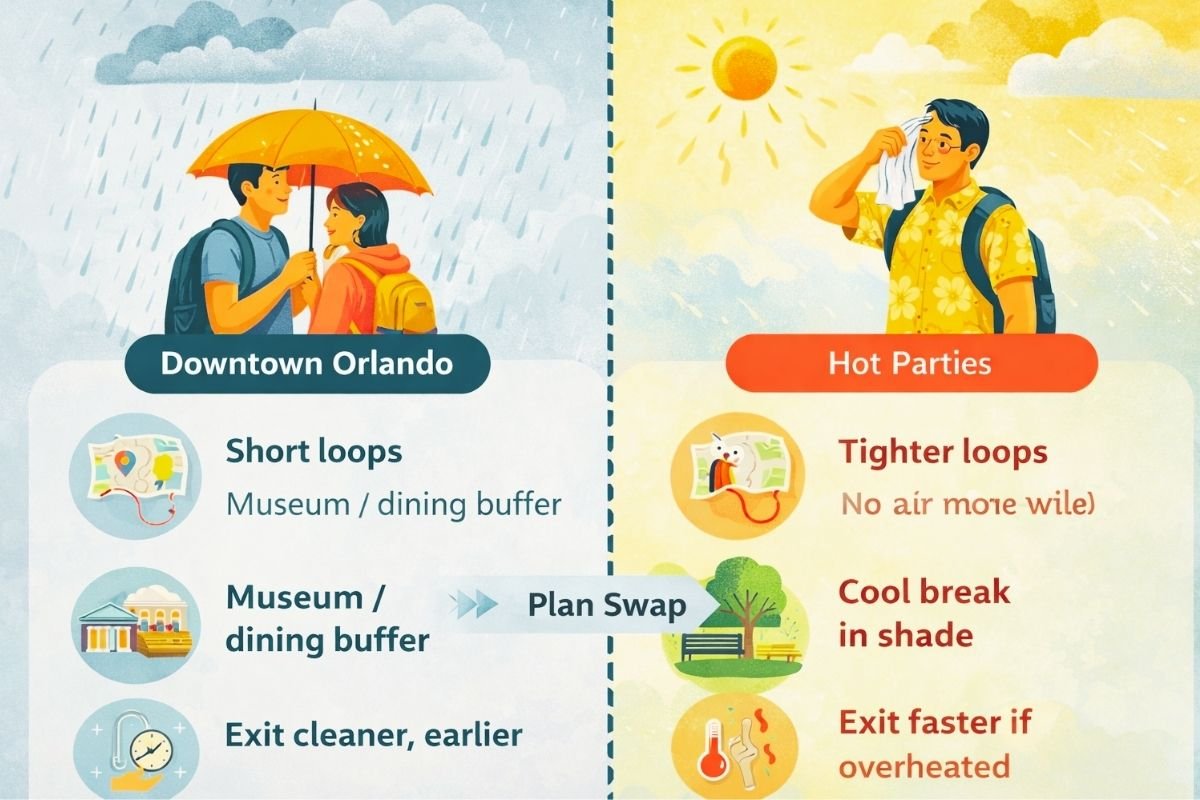 Orlando rain and heat plan swap concept showing short loops and buffer blocks to prevent comfort spending when weather changes