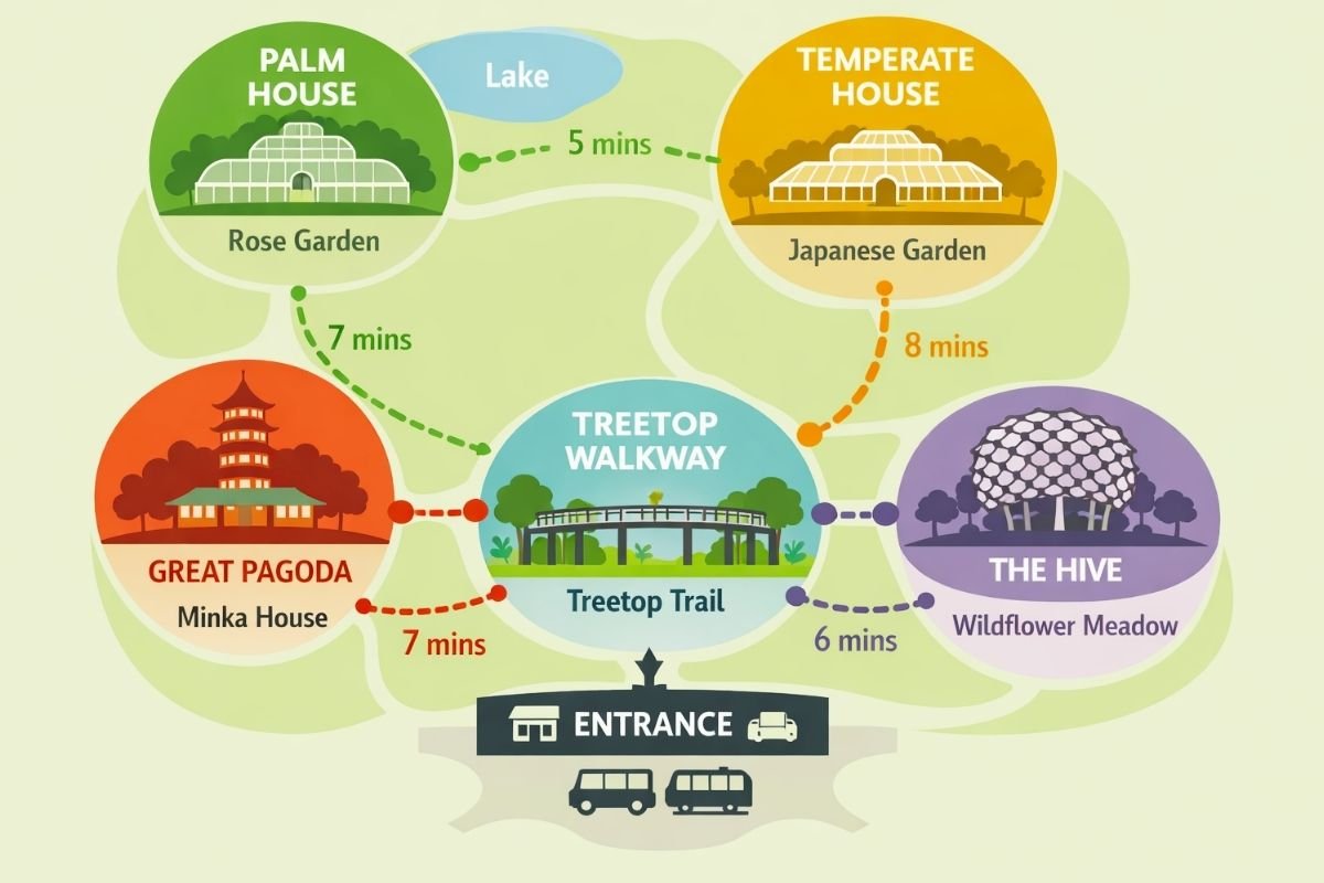 Simple Kew Gardens route map diagram — Victoria Gate to Palm House, Temperate House, Treetop Walkway and Great Pagoda loop" 