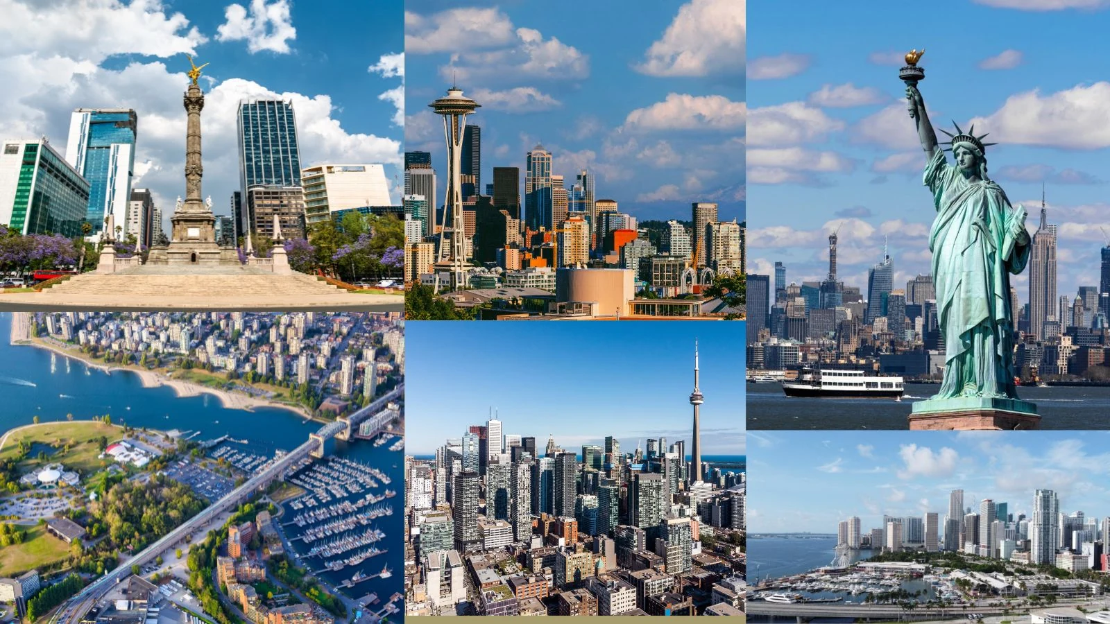 2026 FIFA World Cup host cities collage featuring New York, Seattle, Toronto, Vancouver, Mexico City, and Miami.