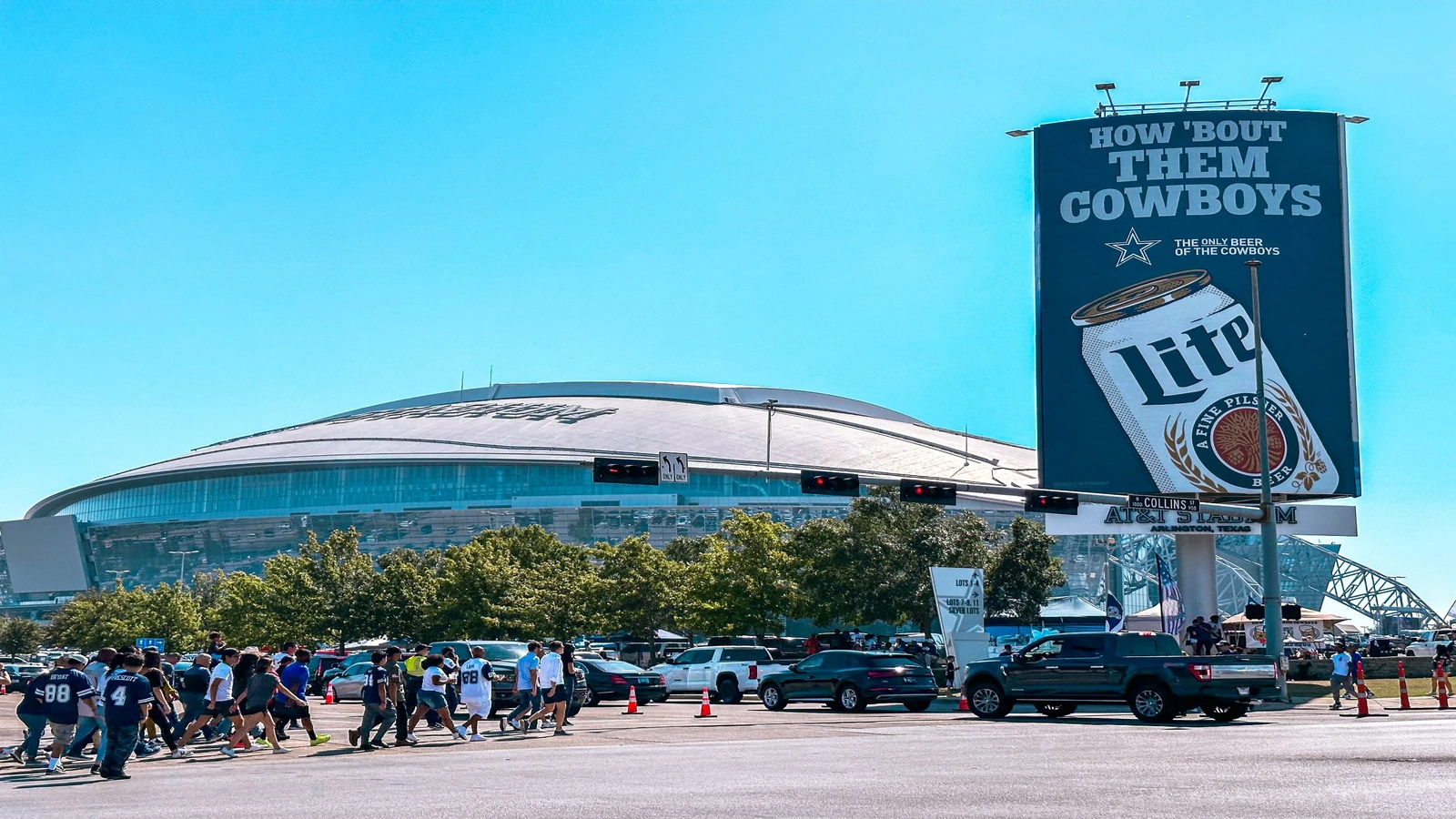 Visitors arriving outside AT&T Stadium in Arlington, Texas.