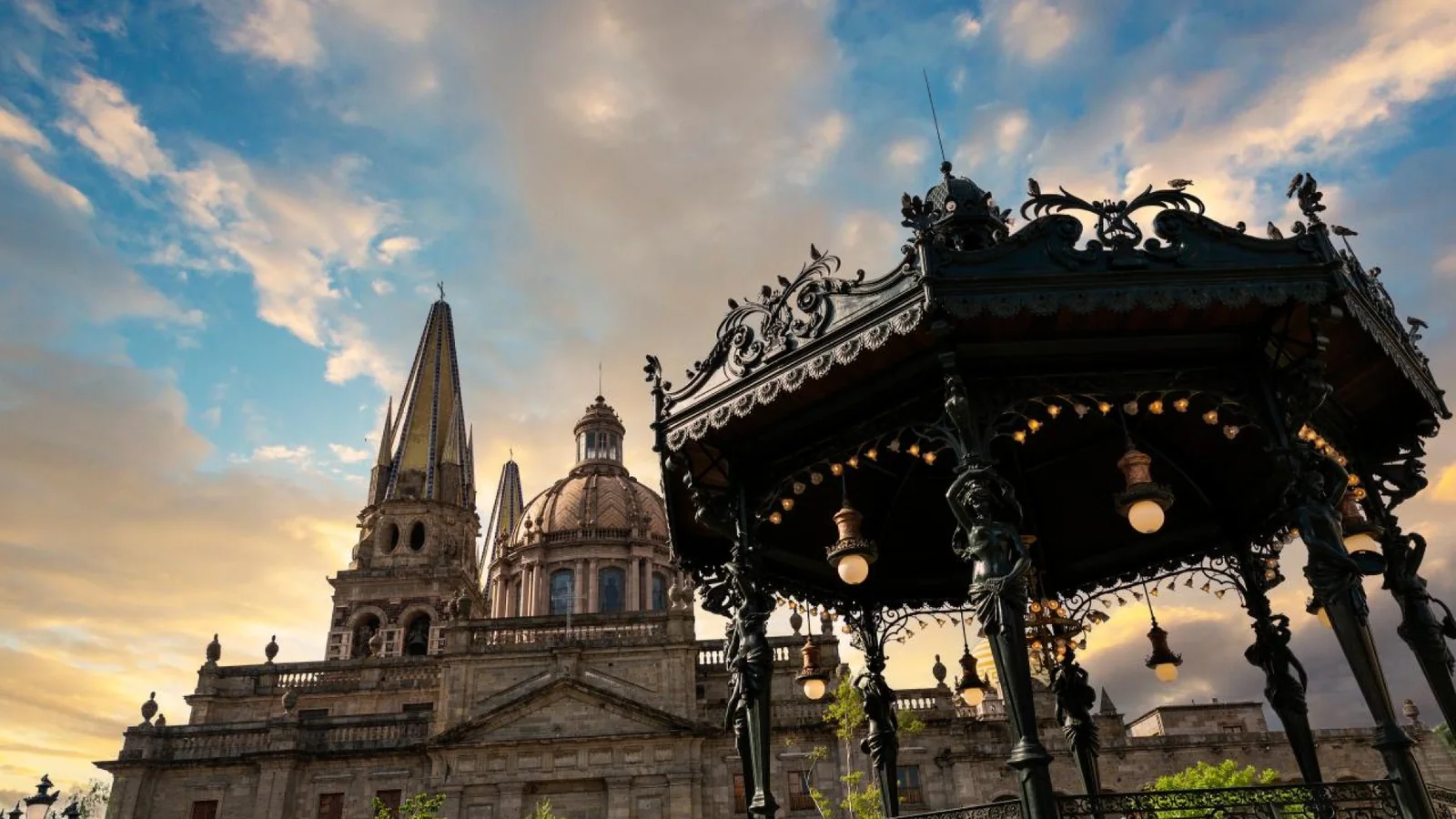 Guadalajara Cathedral and the historic kiosk at sunset in Guadalajara's city center, showcasing one of Mexico's most iconic cultural landmarks