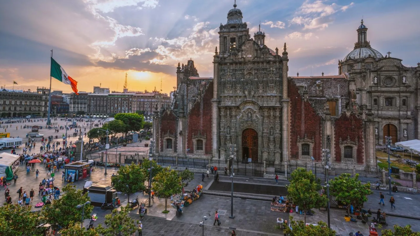 Zócalo Square and Metropolitan Cathedral in Mexico City at sunset