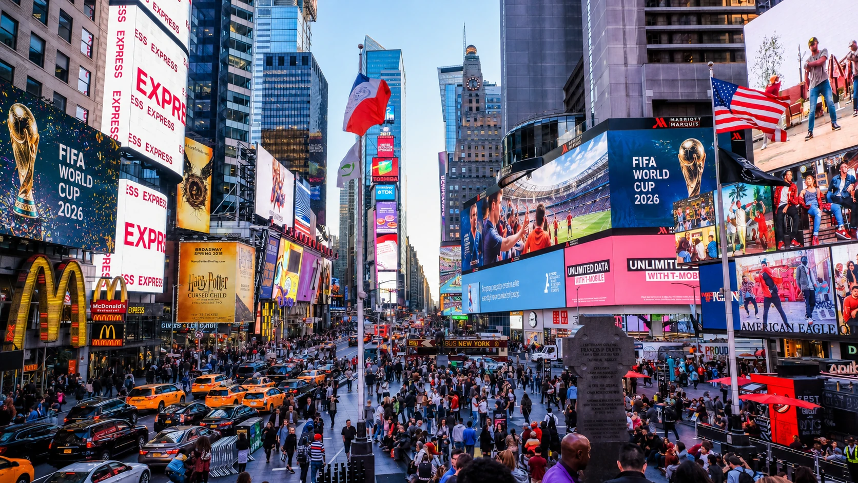 Crowds in Times Square, New York, creating a lively fan atmosphere ahead of the FIFA World Cup 2026.
