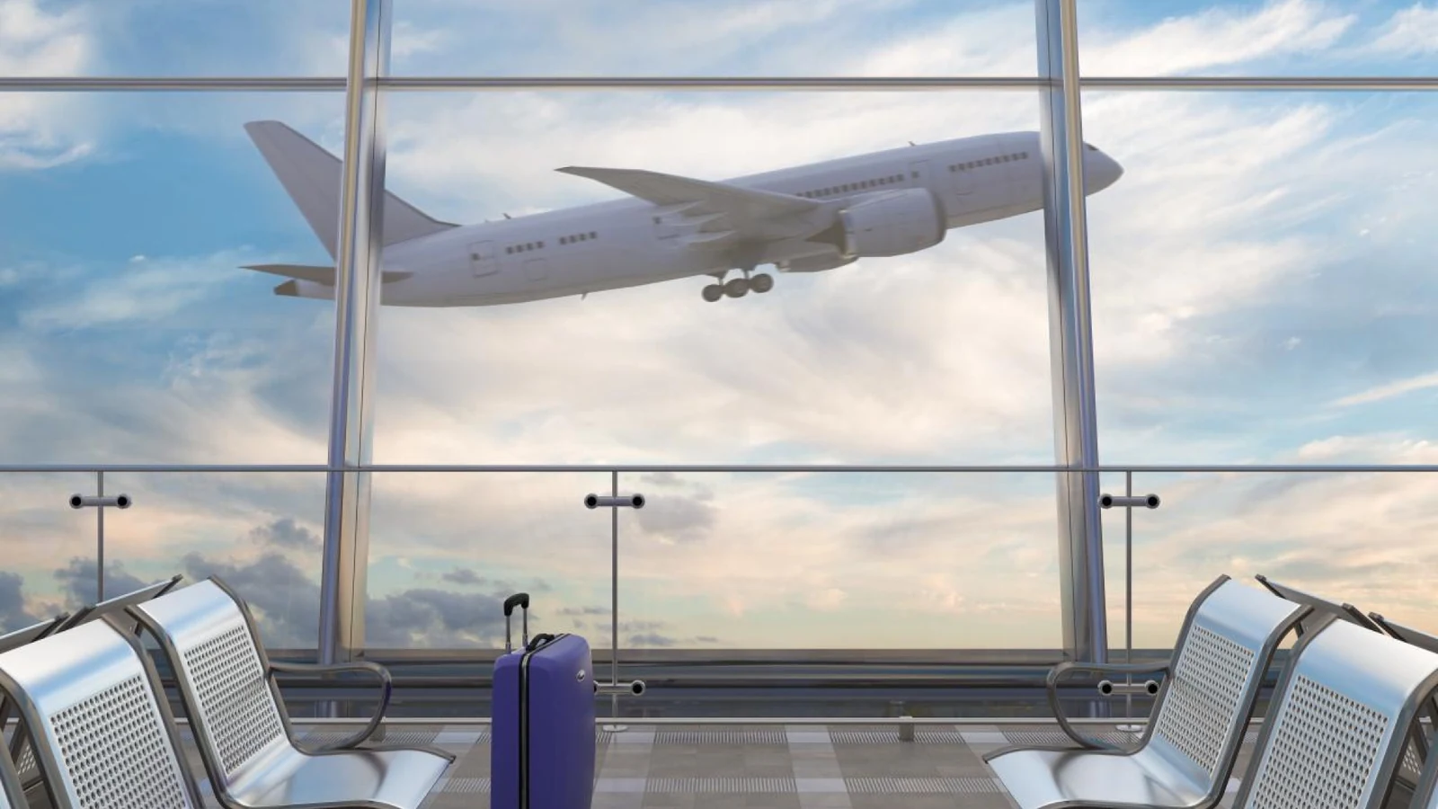 Airport terminal with luggage and a departing airplane for travel between FIFA World Cup 2026 host cities.
