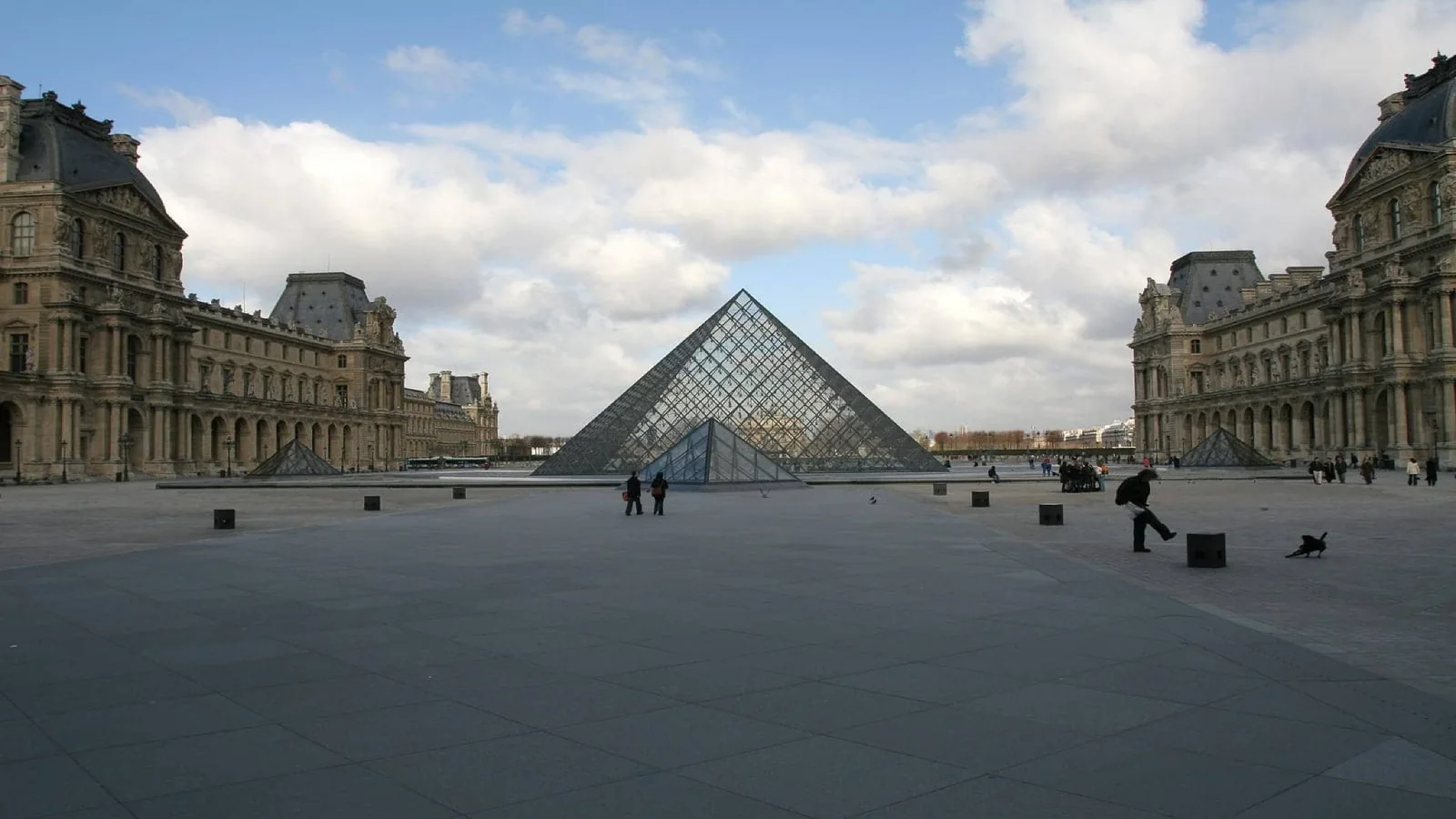 The Louvre Pyramid and courtyard during a quiet time of day in Paris