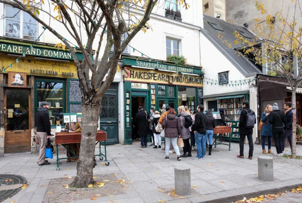 Visitors outside Shakespeare and Company bookstore in Paris